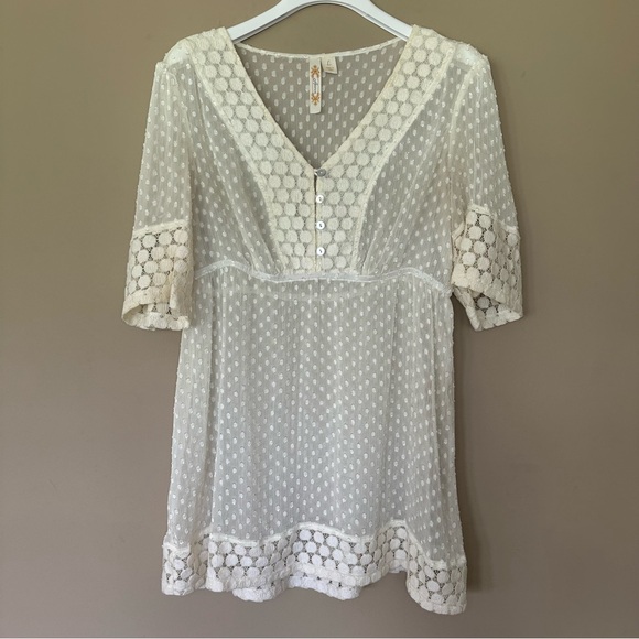 Adiva Tops - Sheer Cottagecore Babydoll Top Women L Ivory Lace Feminine Vneck Blouse Boho